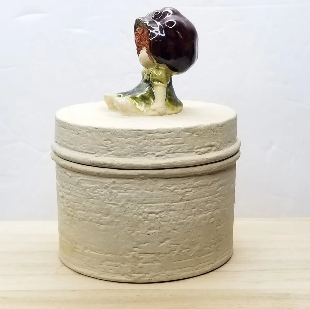 Vintage Unique Stoneware Round Textured Trinket With Girl Figurine on the Lid